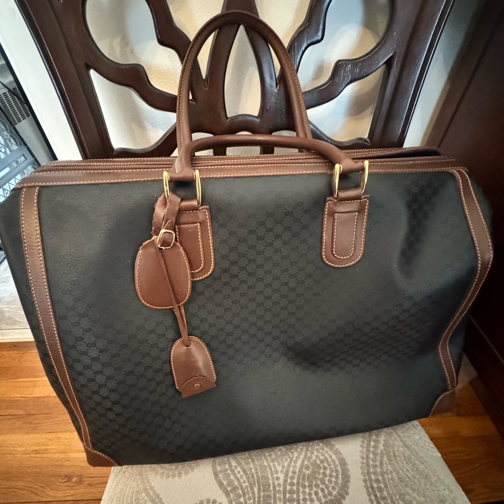 Gucci Black and Brown Vintage Travel Bag with micro GG logo pattern